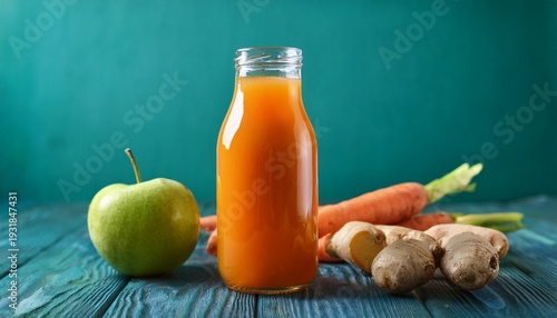 cold pressed juice with carrot apple and ginger in a clear bottle