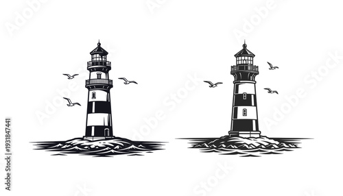 Black and white illustration of two striped lighthouses on rocky outcrops with birds flying around them
