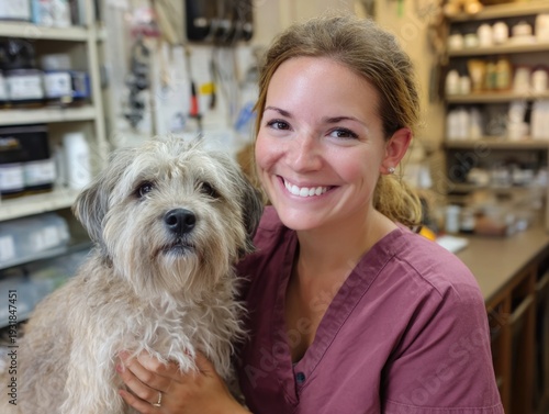 Happy woman, portrait and veterinarian with dog for animal checkup, visit or healthcare. ai generated