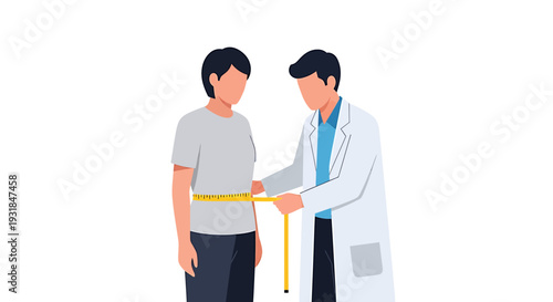 Doctor Measuring Patient Waist with Tape Measure. Vector Illustrations. EPS Editable