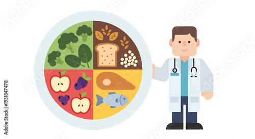 Doctor Recommends Balanced Diet with Variety of Foods. Vector Illustrations. EPS Editable