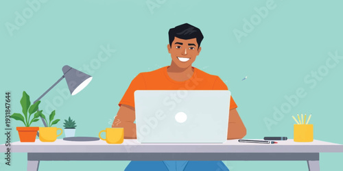 Smiling Young Man Working on Laptop at Home Office Desk with Plants and Coffee – Flat Vector Illustration Background