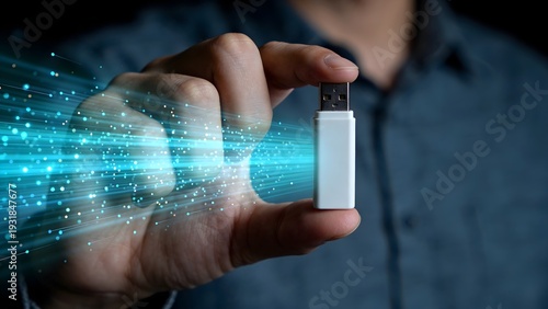 Close up of a human hand holding a white usb flash drive transferring data with glowing blue light streams