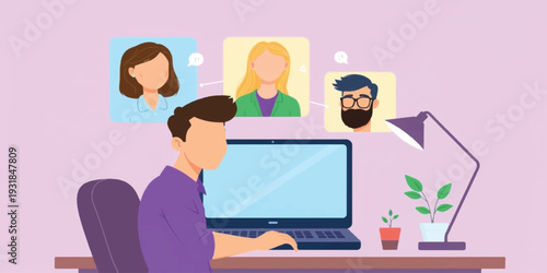 Remote Professional Working on Laptop with Virtual Team Profiles and Modern Desk Setup in Home Office Illustration