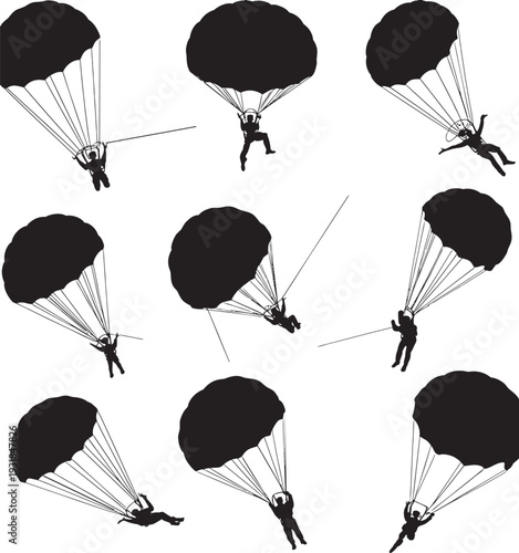 Military Parachutist Silhouettes Set - Paratrooper Skydivers Jumping and Falling Vector Icons