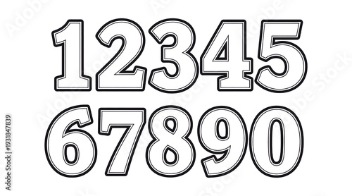 A black and white image of numbers 0 through 9 in a bold font with a white background and black outline and shading