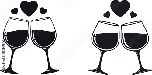 Two pairs of wine glasses with hearts symbolizing love and celebration
