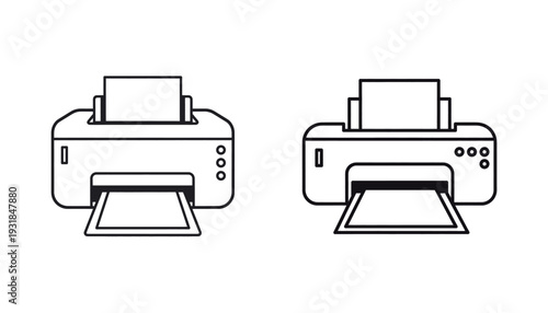 Detailed illustration of two multifunction printers with paper trays open