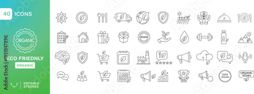 Organic Vegan Lifestyle & Eco Food Line Icons Set – 40 Editable Stroke Outline Icons for Plant Based Products, Sustainable Farming, Healthy Eating, Green Delivery and Eco Marketing UI Design