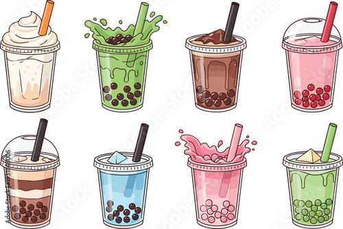 Bubble Tea Drinks Collection with Colorful Boba Milk Tea Smoothies in Plastic Cups Vector Illustration Set