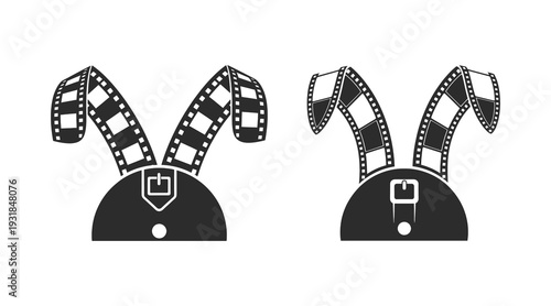 Film strip bunny ears with shield logo black and white illustration