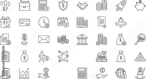 Finance and banking line icon set with money, investment, savings, calculator, shield, agreement, growth chart and payment symbols editable stroke vector illustration