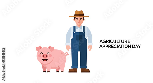Farmer and Pig Celebrate Agriculture Appreciation Day. Vector Illustrations. EPS Editable
