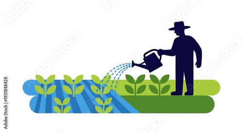 Farmer Watering Plants in the Field. Vector Illustrations. EPS Editable