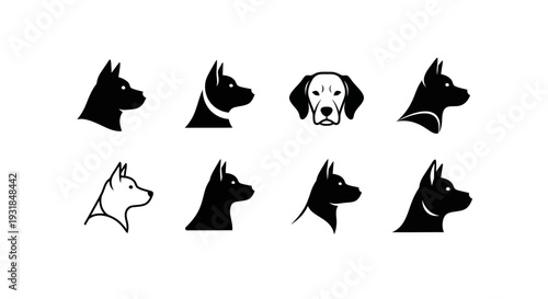 Minimal dog logo silhouette set featuring 4 branding variations including sitting dog, dog head front view, circular badge emblem, and running dog profile