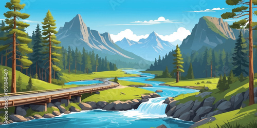 Peaceful Mountain River Landscape with Wooden Bridge, Pine Forest and Majestic Peaks Under Clear Blue Sky – Scenic Nature Illustration.