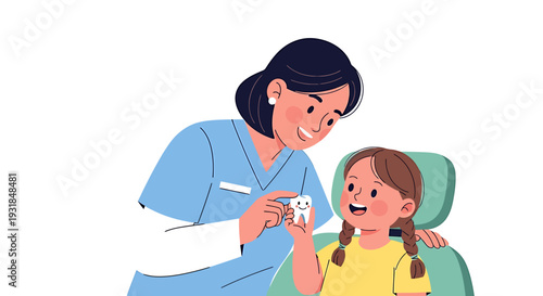 Friendly Dentist Teaching Young Girl About Dental Hygiene. Vector Illustrations. EPS Editable