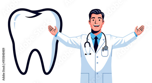Friendly Dentist with Stethoscope Presenting a Large Tooth Illustration. Vector Illustrations. EPS Editable
