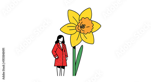 Giant Daffodil Flower Next to a Tiny Person Illustration. Vector Illustrations. EPS Editable