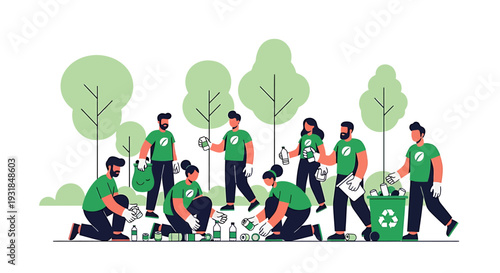 Group of People Planting Trees Together. Vector Illustrations. EPS Editable