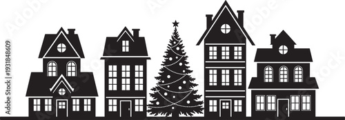 Black silhouette Christmas village row cozy houses gingerbread style with decorated fir tree star lights garlands snow base, holiday winter vector illustration for festive decor designs logos