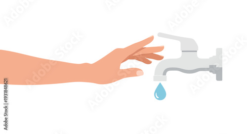 Hand Turning Off Water Faucet to Conserve Water. Vector Illustrations. EPS Editable
