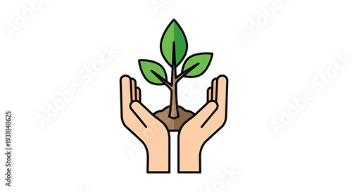 Hands Gently Holding a Young Green Plant Sprout with Soil. Vector Illustrations. EPS Editable