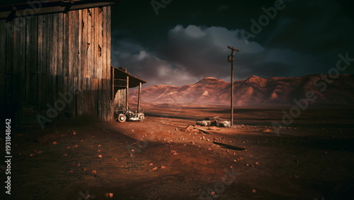 Photos desert outpost at dawn with debris, soft sunrise glow on weathered shack and tel