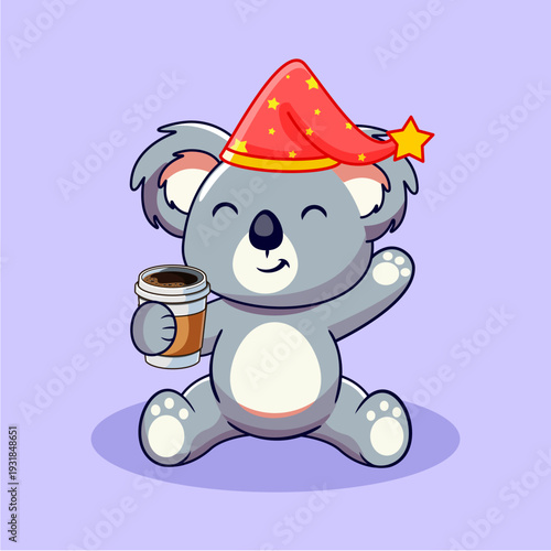 Cute Cartoon Koala Waving with Coffee and Red Nightcap Vector Illustration Kawaii