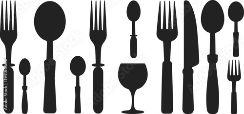 Black silhouette vector illustration of dining utensils including forks, spoons, knives, wine glass, tableware arrangement, culinary tools, and restaurant design