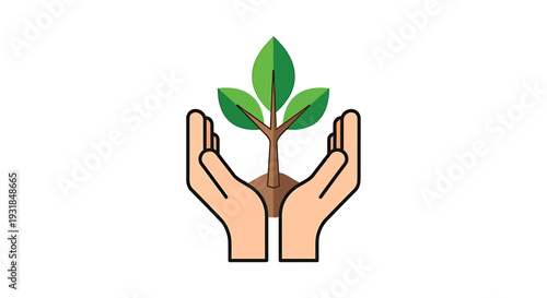 Hands Holding Small Green Plant. Vector Illustrations. EPS Editable