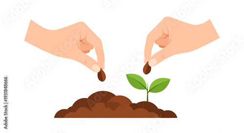 Hands Planting Seeds in Soil to Grow New Plant Life. Vector Illustrations. EPS Editable
