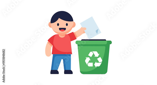Happy Boy Recycling Paper in Green Bin Illustration. Vector Illustrations. EPS Editable