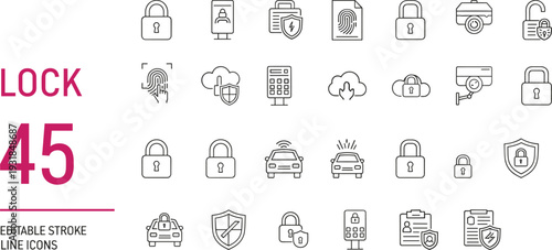 Lock and security line icon set with padlock, fingerprint, shield, surveillance camera, alarm system and cybersecurity symbols editable stroke vector illustration