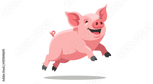Happy Cartoon Pig Running and Jumping Freely. Vector Illustrations. EPS Editable