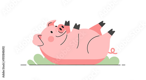 Happy Cartoon Pig Lying on Grass. Vector Illustrations. EPS Editable