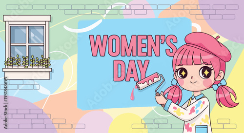 Womens Day Cartoon Girl Painting Message of Empowerment and Equality