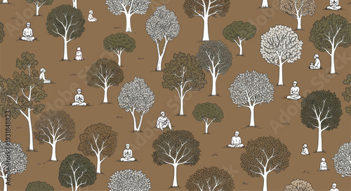 Peaceful seamless pattern of people meditating under trees in a zen forest illustration