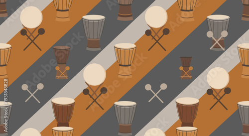 Seamless pattern with African djembe drums and sticks on striped background