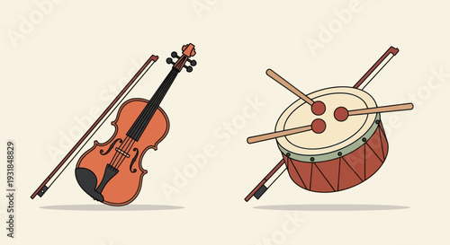 Vector illustration of classical musical instruments including a violin and a drum