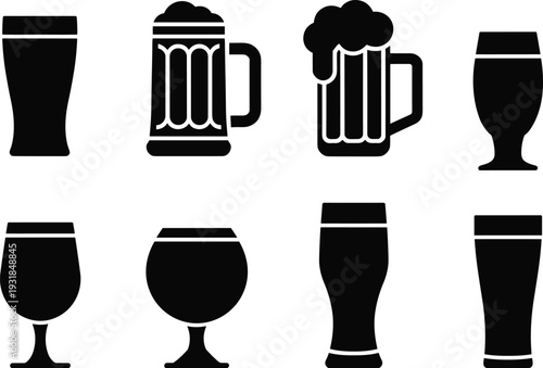 Black silhouette vector illustration of diverse beer glasses and mugs, pint, goblet, tulip, foam-topped glassware, bar drinkware, and pub icons