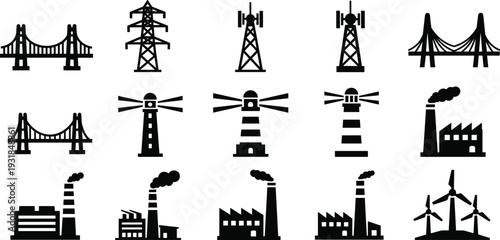 Black and white of industrial and infrastructure silhouettes bridges power plants