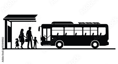 A family waits at a bus stop as a public transportation vehicle arrives rendered in black silhouette high quality professional detailed