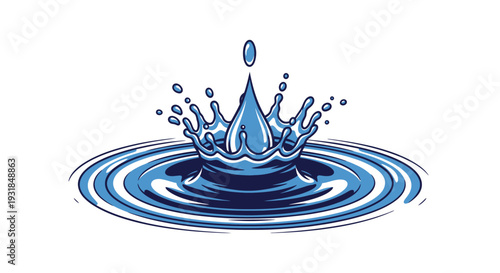 Stylized blue water splash with ripples and droplet crown illustration on white background.