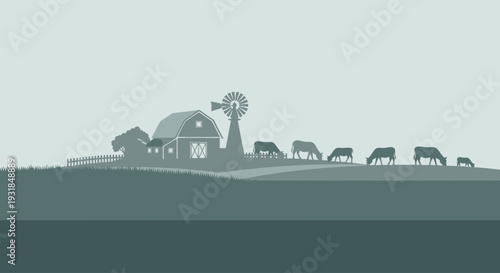 Minimalist farm landscape illustration with barn and grazing cows