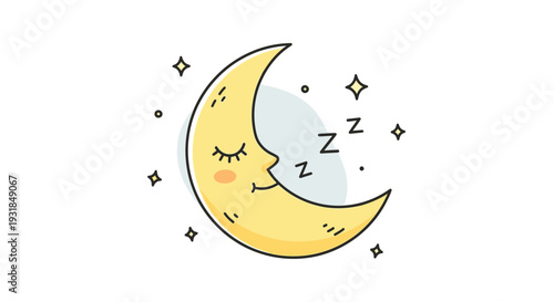 Cute sleeping crescent moon with stars illustration in bright studio.