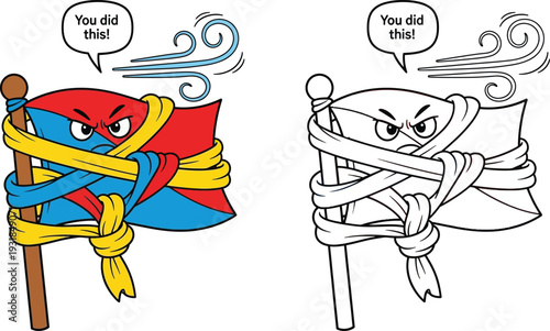 Angry Entangled Flag Cartoon with You Did This Blame and Frustration Concept