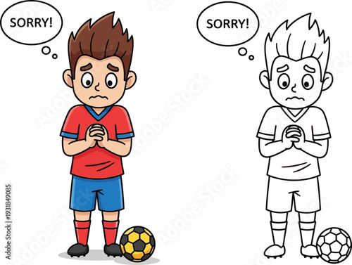 Sad Soccer Player Cartoon Apologizing with Sorry Kid Sports Regret Illustration