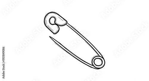 Simple Outline of an Open Safety Pin Metal Fastener on Isolated White Background.