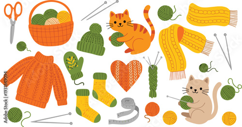Cozy Knitting Elements Collection with Yarn Balls Sweater Scarf Socks and Cute Cats Vector Illustration